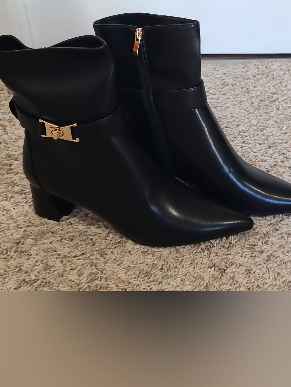 Women's Black Pointed Toe Ankle Boots with Gold Accent
